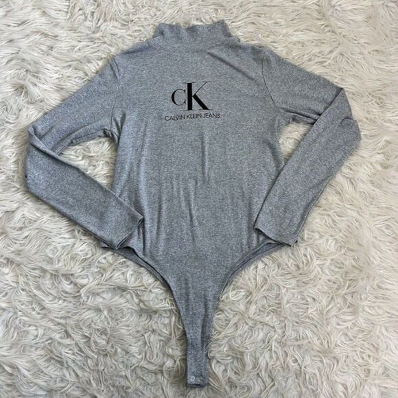 Calvin Klein Women’s Stretch Gray Long Sleeve Mock Neck Bodysuit Size Large ￼ - Picture 1 of 12